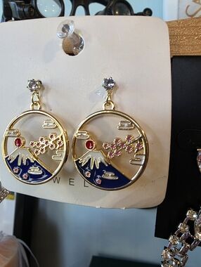 Gold-Tone Sakura & Mount Fuji Circle Drop Earrings - Pink & Blue
